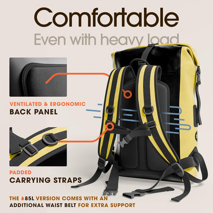 Ultimate Waterproof Backpack - Heavy Duty Roll-Top Hiking Bag with Cushioned Dry Bag and Phone Case