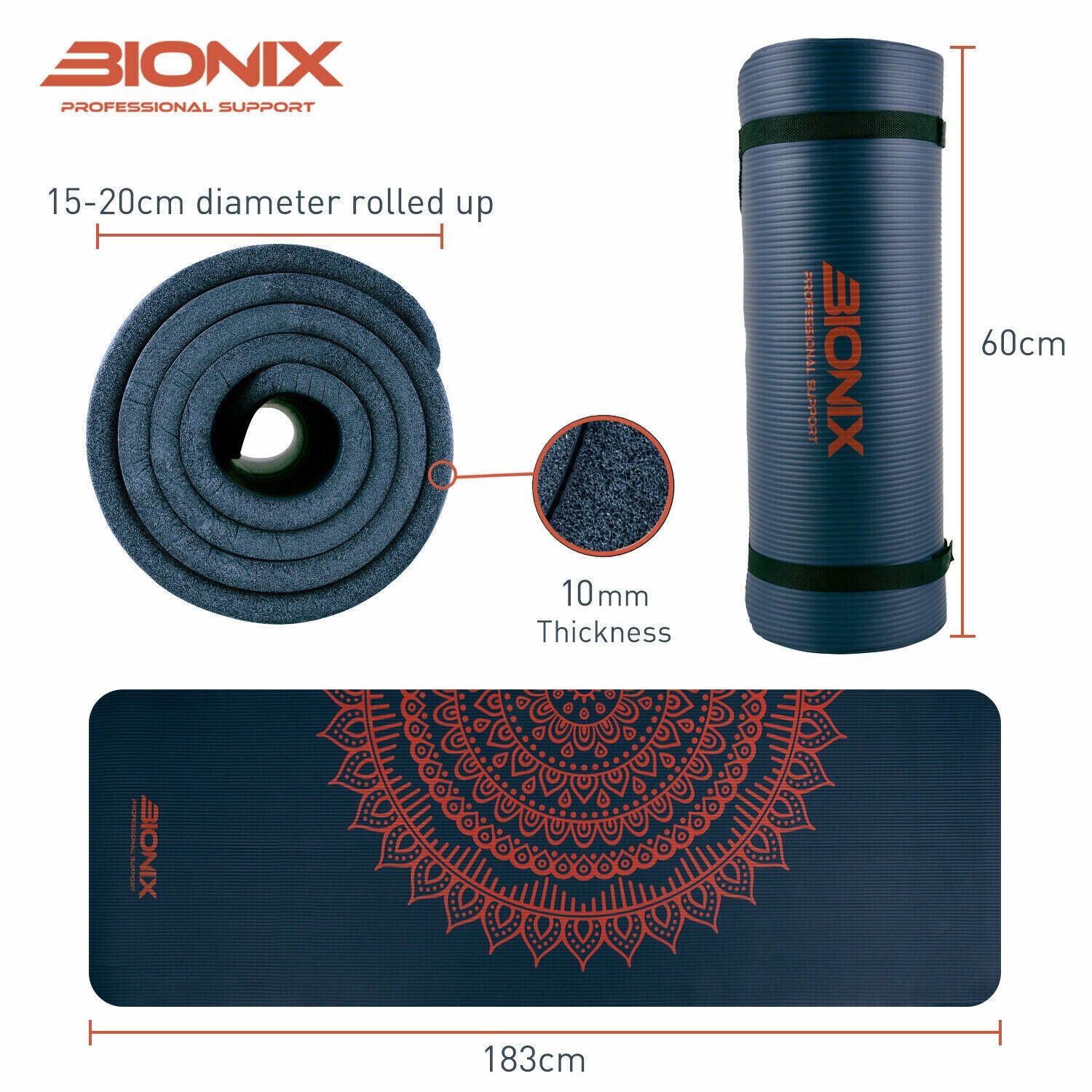 Premium 10mm Non-Slip Yoga Mat with Carry Strap - Ideal for Fitness, Pilates, and Home Workouts (183x62)
